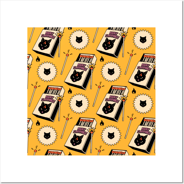 Highly Flammable Black Cat Pattern in yellow Wall Art by The Charcoal Cat Co.